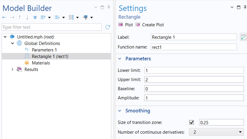 The Model Builder with the Rectangle function selected in the model tree and the Settings window for the Rectangle function displayed.